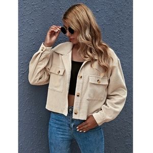 Beige Corduroy Crop Style Button Front Jacket